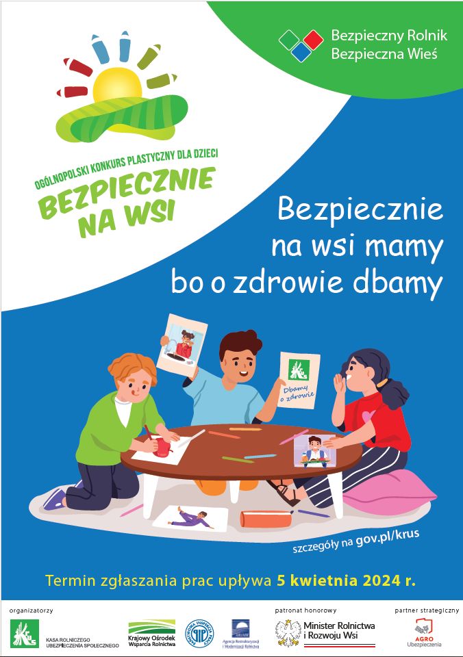 Tło niebieskie, zielone i białe, na nim treścć ogłoszenia i ludzie siedzący za stołem. 